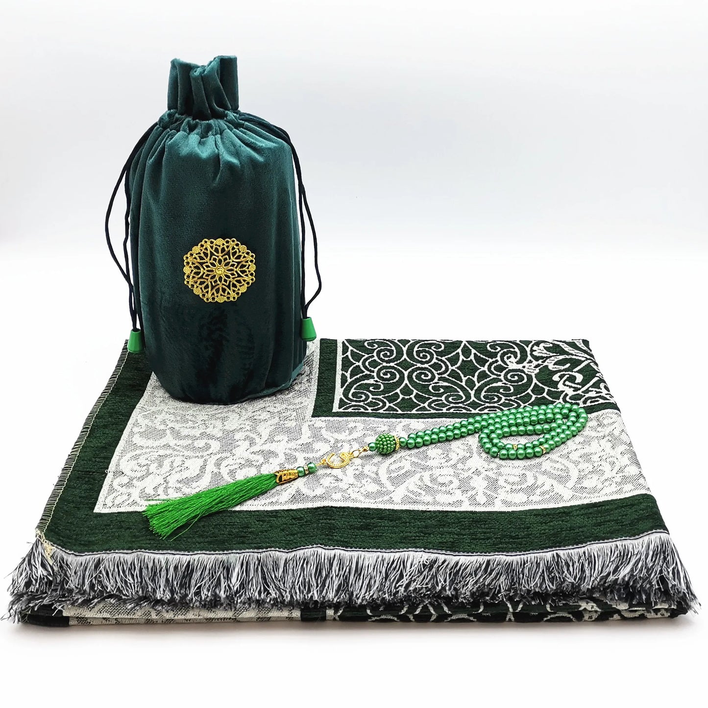 Islamic Prayer Mat With Muslim Beads and Velvet Gift Bag For Women Man