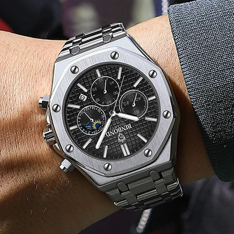 BINBOND B0161 Top box Brand Man Casual Quartz Watch Luxury Luminous Wristwatch Stainless Steel Waterproof Men Clock