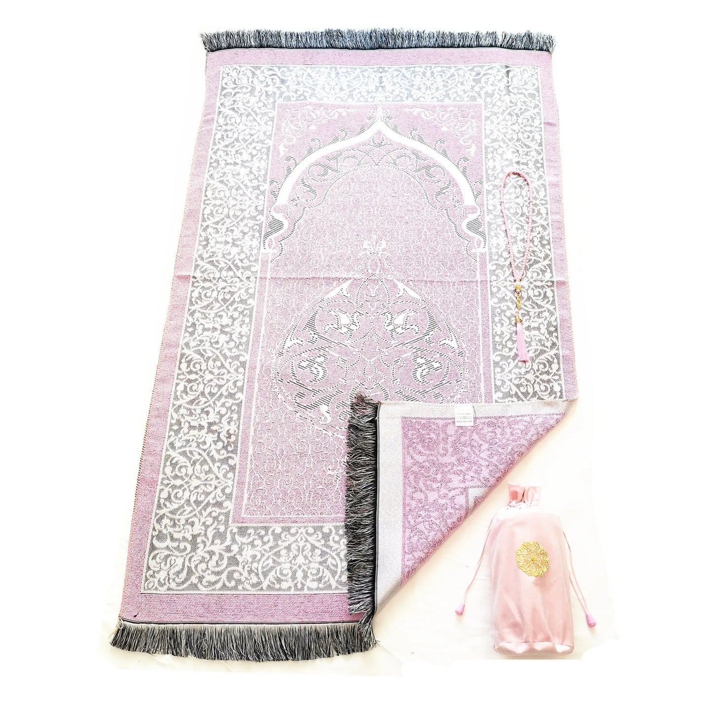 Islamic Prayer Mat With Muslim Beads and Velvet Gift Bag For Women Man