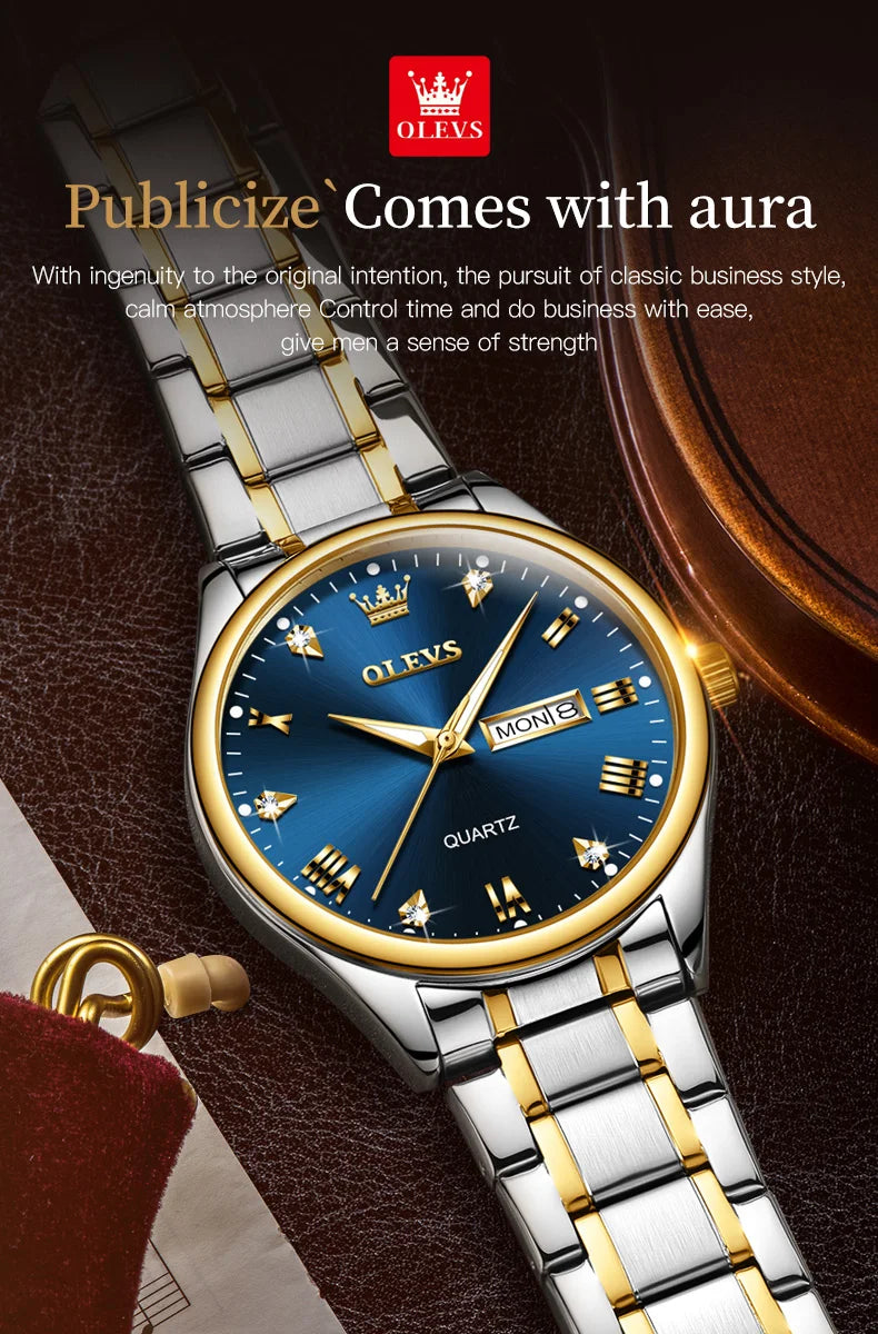 OLEVS Brand Men's Quartz Watch Stainless Steel Waterproof Luminous Fashion Strap Business Men's Quartz Wristwatch Gold Watch