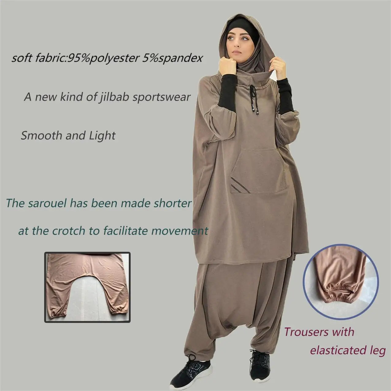Women's Hooded Sports Suit Muslim Hijab Dress Eid Prayer Wear Jilbab Abaya Long Khimar Full Cover Soft Stretch Large Robe