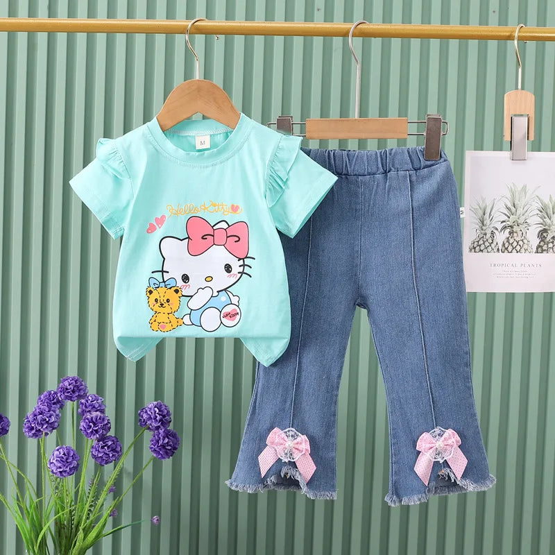 2025 Summer Baby Girls Clothing Sets Cartoon Hello Kitty Cotton T-shirt Pants 2Pcs For 1-4 Years Kids Clothes Children Tracksuit