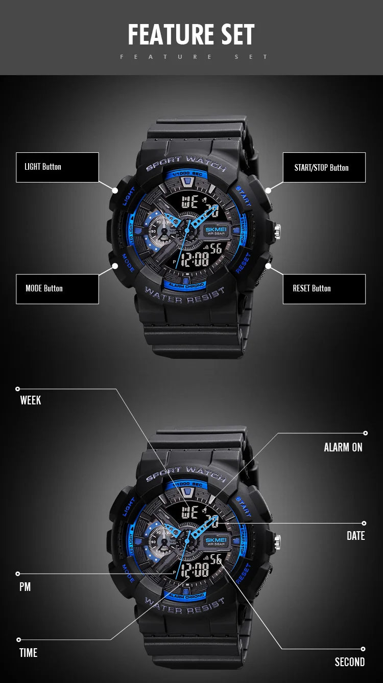 SKMEI Youth Sport Digital Watch Men Shockproof Waterproof Dual Wristwatches LED Chrono Alarm Clock Mens Watches Cool Hour vogue