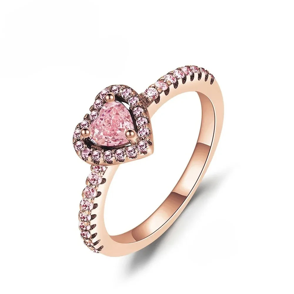 Sparkling 925 Sterling Silver Pink Bow Ring Timeless Pavé Red Heart Finger Rings for Women Wedding Crystal Ring Jewelry Gift