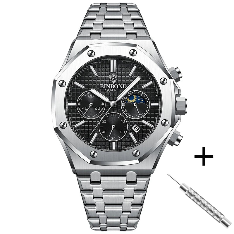 BINBOND B0161 Top box Brand Man Casual Quartz Watch Luxury Luminous Wristwatch Stainless Steel Waterproof Men Clock