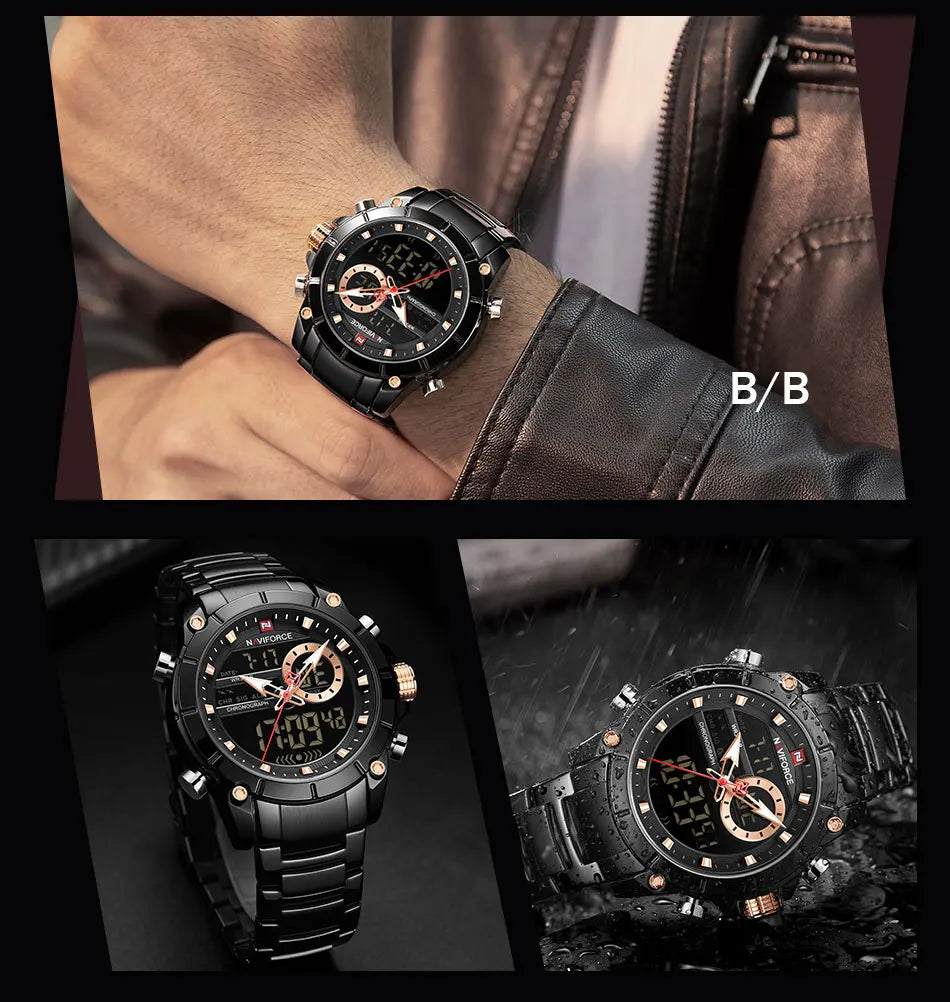 NAVIFORCE Top Luxury Quartz Wrist Watch For Men Business Steel Waterproof Sports Dual Display Military LED Digital Watches