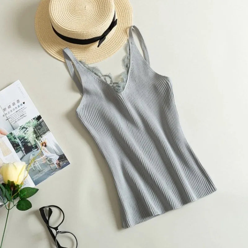 1Pc Women's Vest Lace Top V-neck Solid Knit Tank Ladies Sleeveless Fashion Lace Patchwork Slim Sexy Suspenders Summer