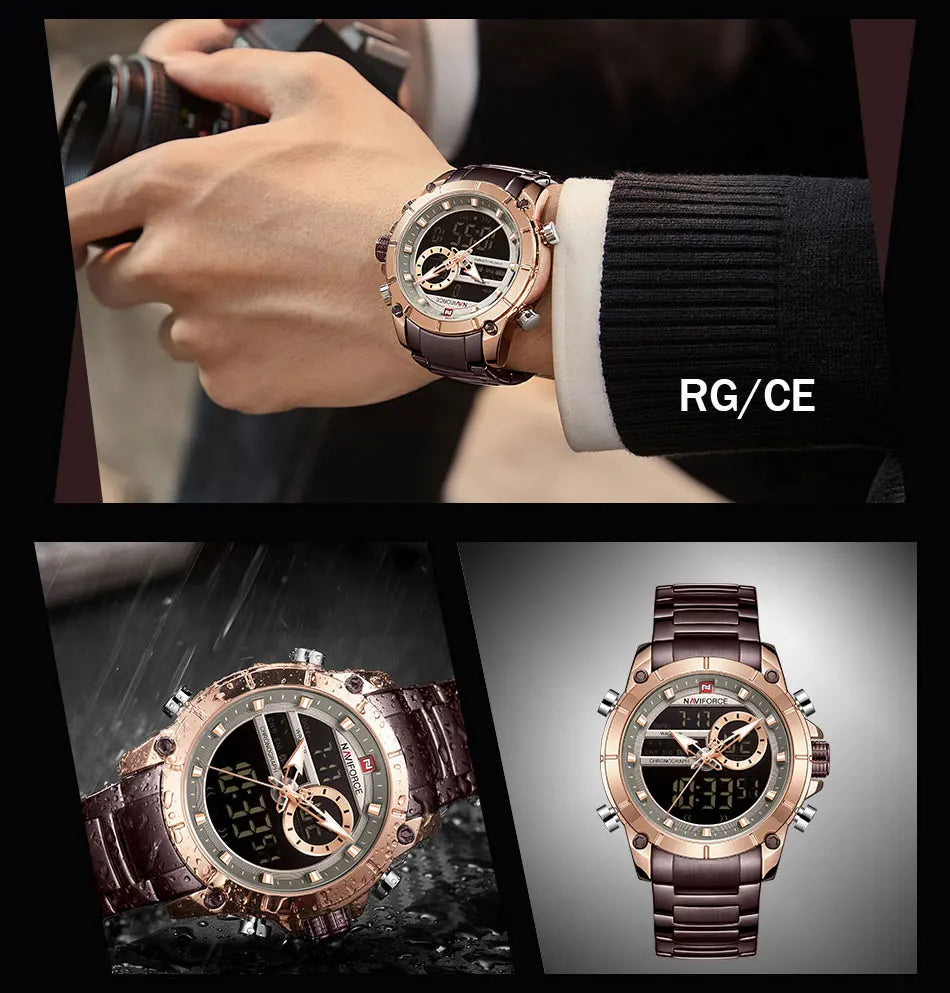 NAVIFORCE Top Luxury Quartz Wrist Watch For Men Business Steel Waterproof Sports Dual Display Military LED Digital Watches