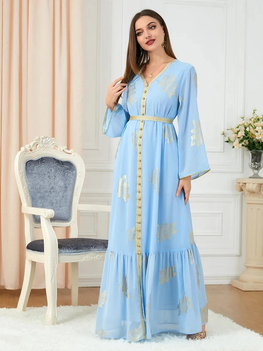 Party Dresses Muslim Abaya Women Dubai 2024 Iron Long Sleeve V-Neck Button Maxi Long Dress Tape Belted Kaftan Split Hem Vestidos