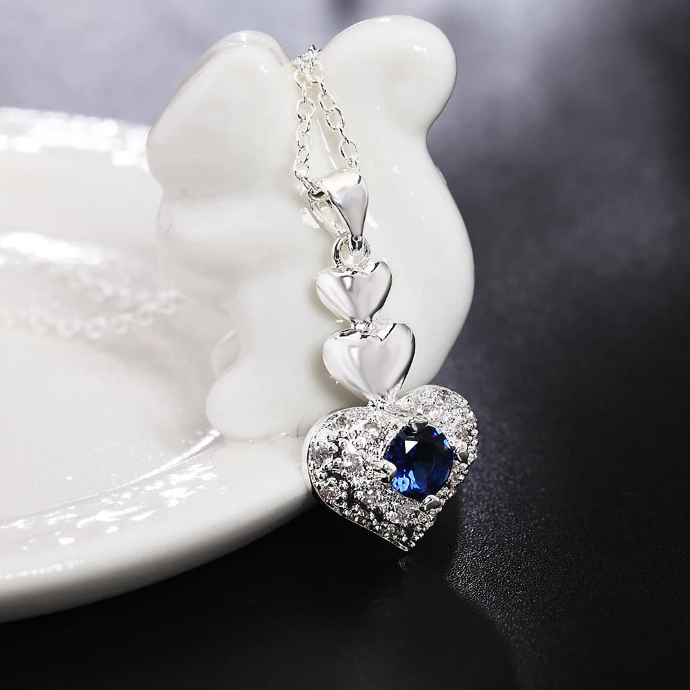 Hot Noble blue crystal heart 925 sterling Silver pendant necklace earring Jewelry sets for Woman classic fashion party fine gift