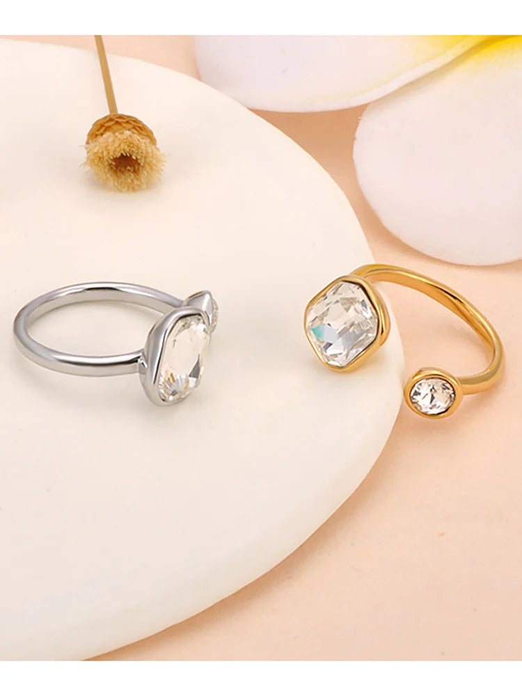 Stainless Steel Trendy Cubic Zirconia Open Adjustable Rings for Women 18K Gold Plated Waterproof Jewelry