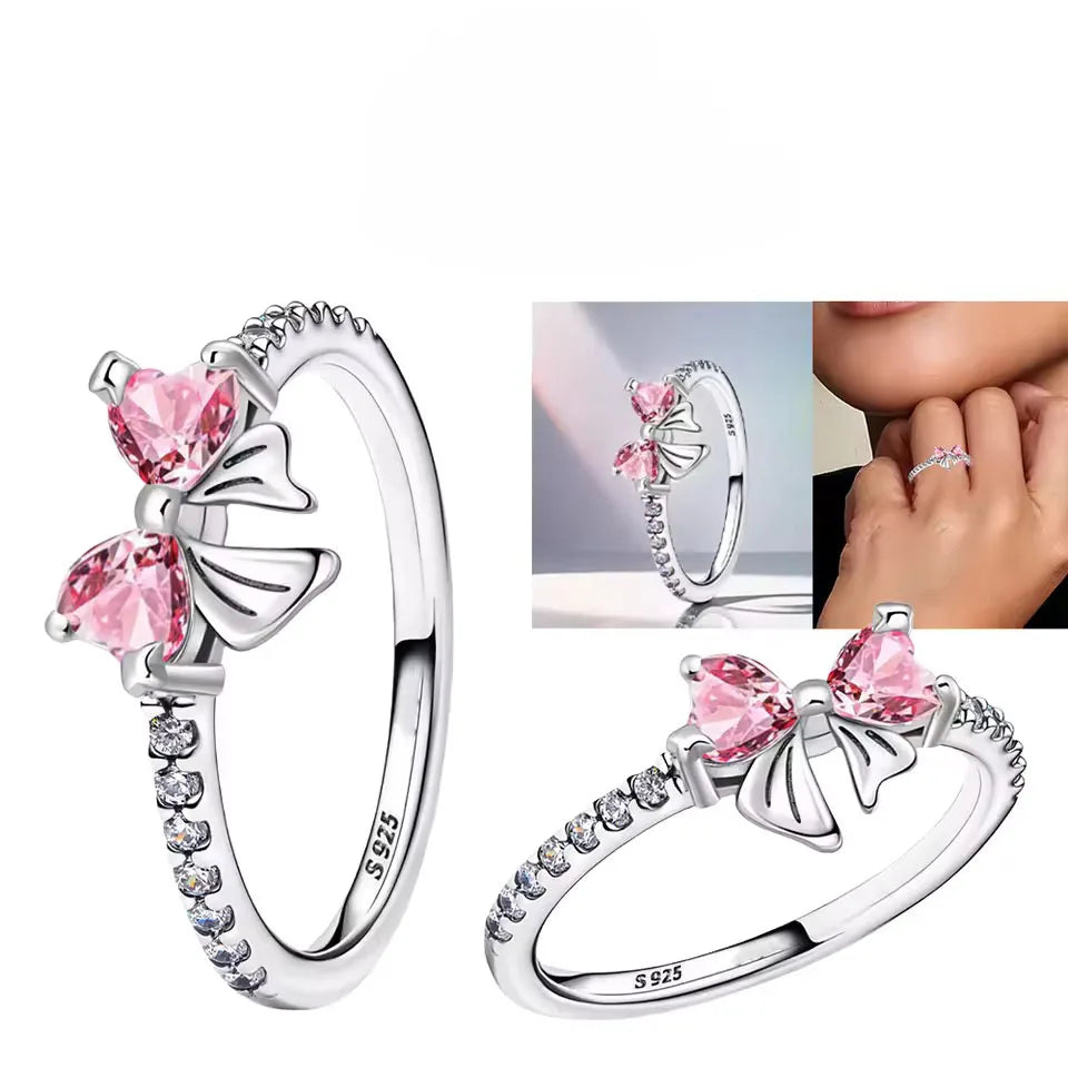 Sparkling 925 Sterling Silver Pink Bow Ring Timeless Pavé Red Heart Finger Rings for Women Wedding Crystal Ring Jewelry Gift