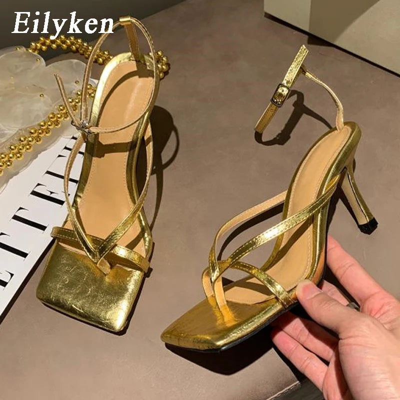 Eilyken New Fashion Pinch Narrow Band Women Sandals 2025 Summer Square Open Toe Ankle Buckle Strap High Heels Ladies Shoes