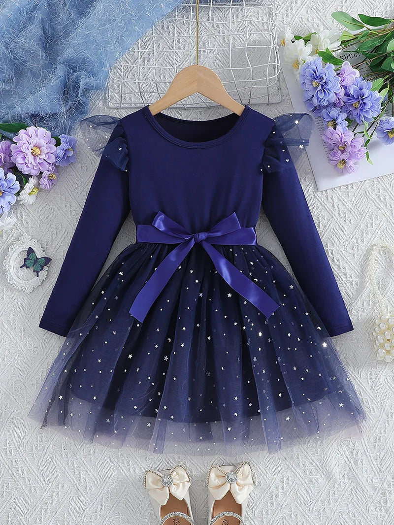 Spring Girls' Long Sleeve Dress 2-6Y Cute Children's Sequin Stars Sky Mesh Princess Dress Autumn Kid's Clothes Girls Outfit