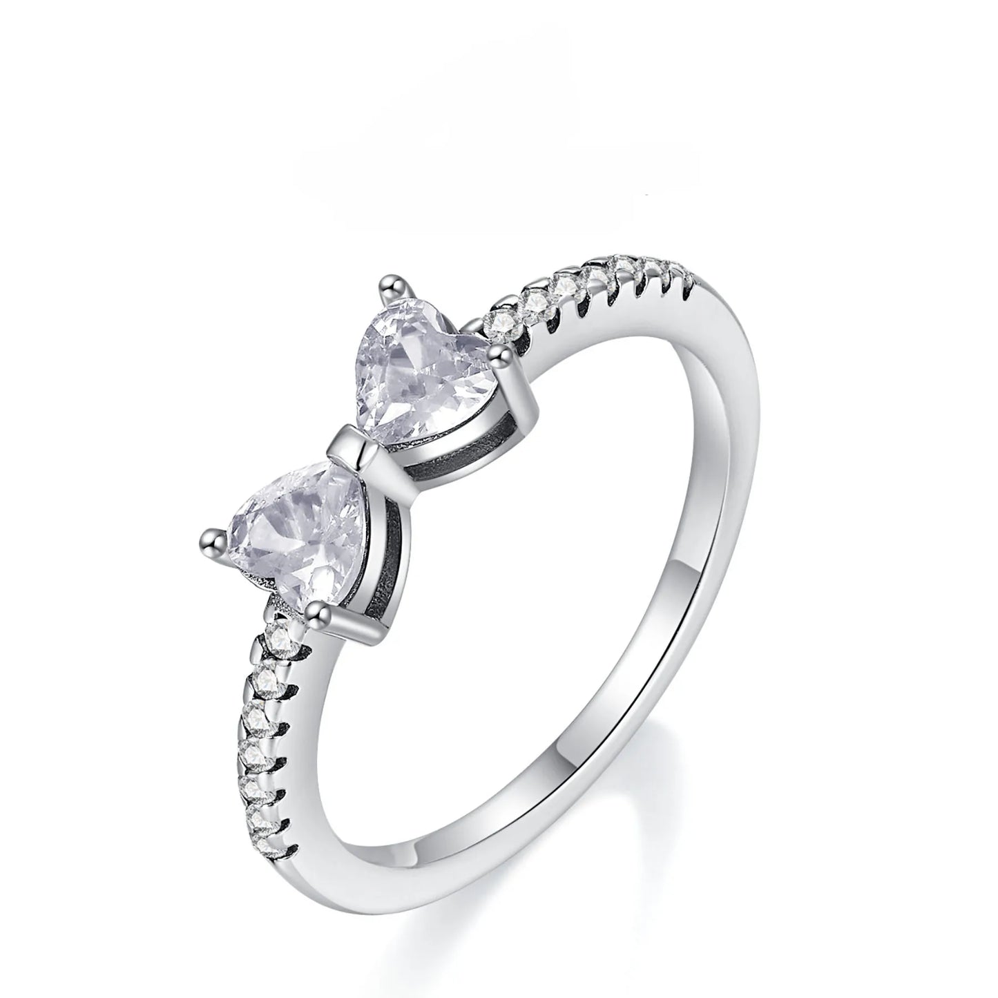 Sparkling 925 Sterling Silver Pink Bow Ring Timeless Pavé Red Heart Finger Rings for Women Wedding Crystal Ring Jewelry Gift