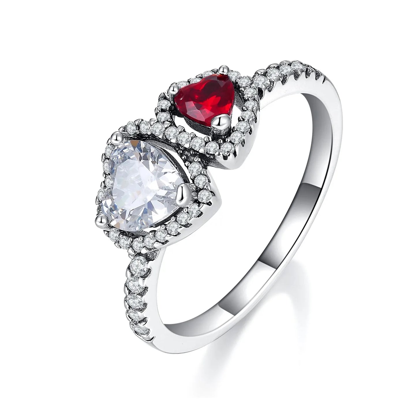 Sparkling 925 Sterling Silver Pink Bow Ring Timeless Pavé Red Heart Finger Rings for Women Wedding Crystal Ring Jewelry Gift