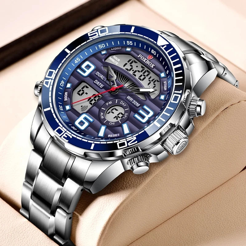 LIGE Brand Foxbox Digital Mens Watches Top Luxury Sport Quartz Wristwatch For Men All Steel Military Waterproof Clock+Box