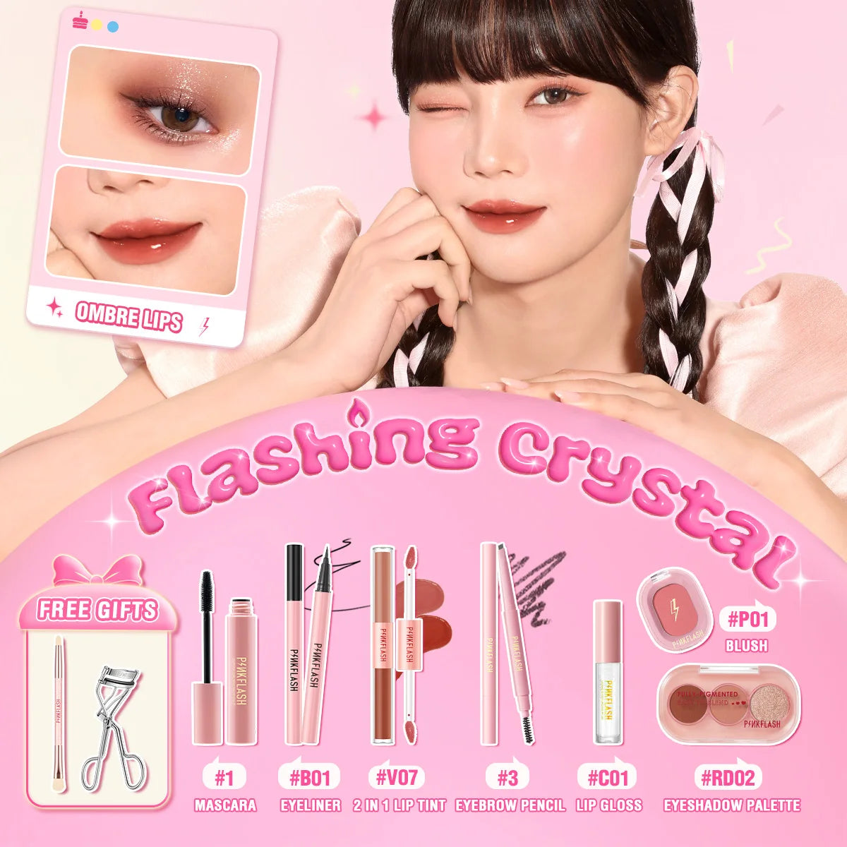 PINKFLASH Makeup Set Include Liquid Foundation Face Concealer Matte Lipstick Black Mascara Eyeliner Cosmetic Kit