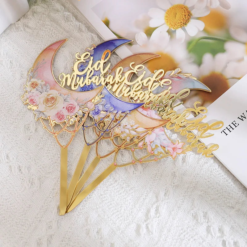 2025 Eid Mubarak Acrylic Cake Topper Moon Flower Cake DIY Decoration Islamic Muslim Festival Party Supplies Eid Ramadan Gift