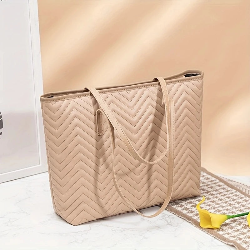 Classic large capacity ladies handbag, solid color business shoulder bag, minimalist wave embroidery crossbody purse
