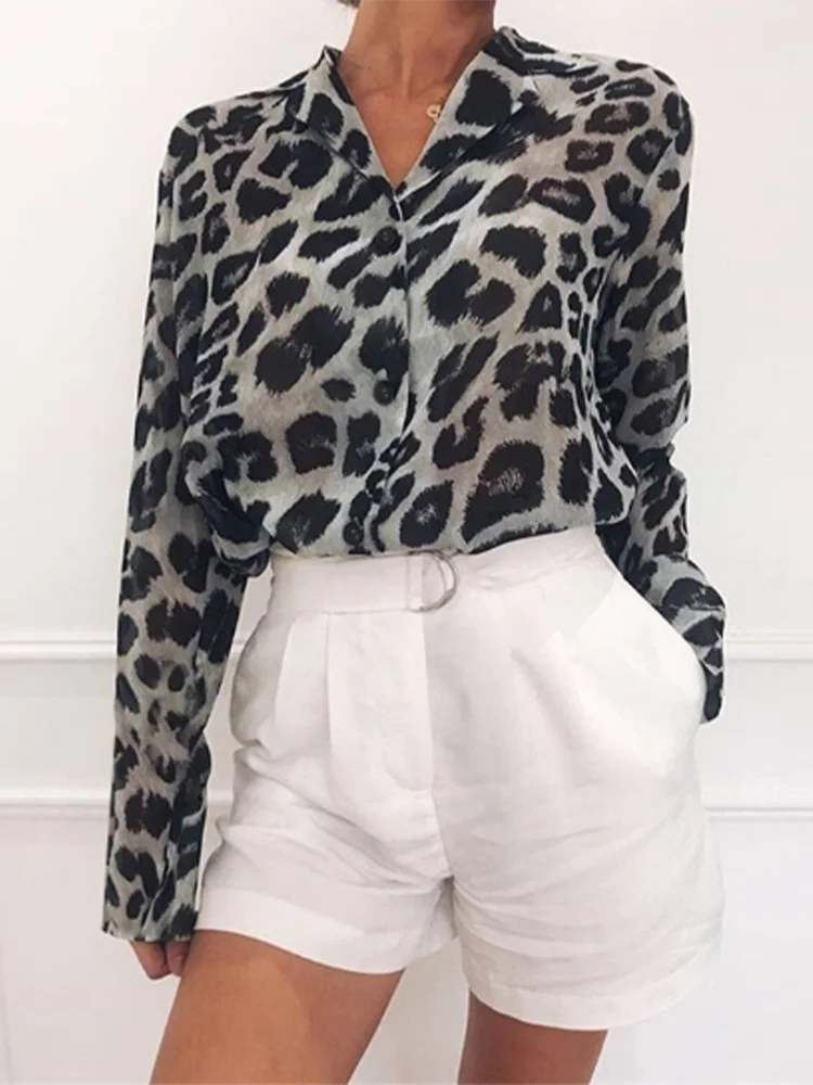 Casual V-neck Long Sleeved Leopard Print Women's T-shirt Elegant Versatile Daily Office Urban Style Spring Top