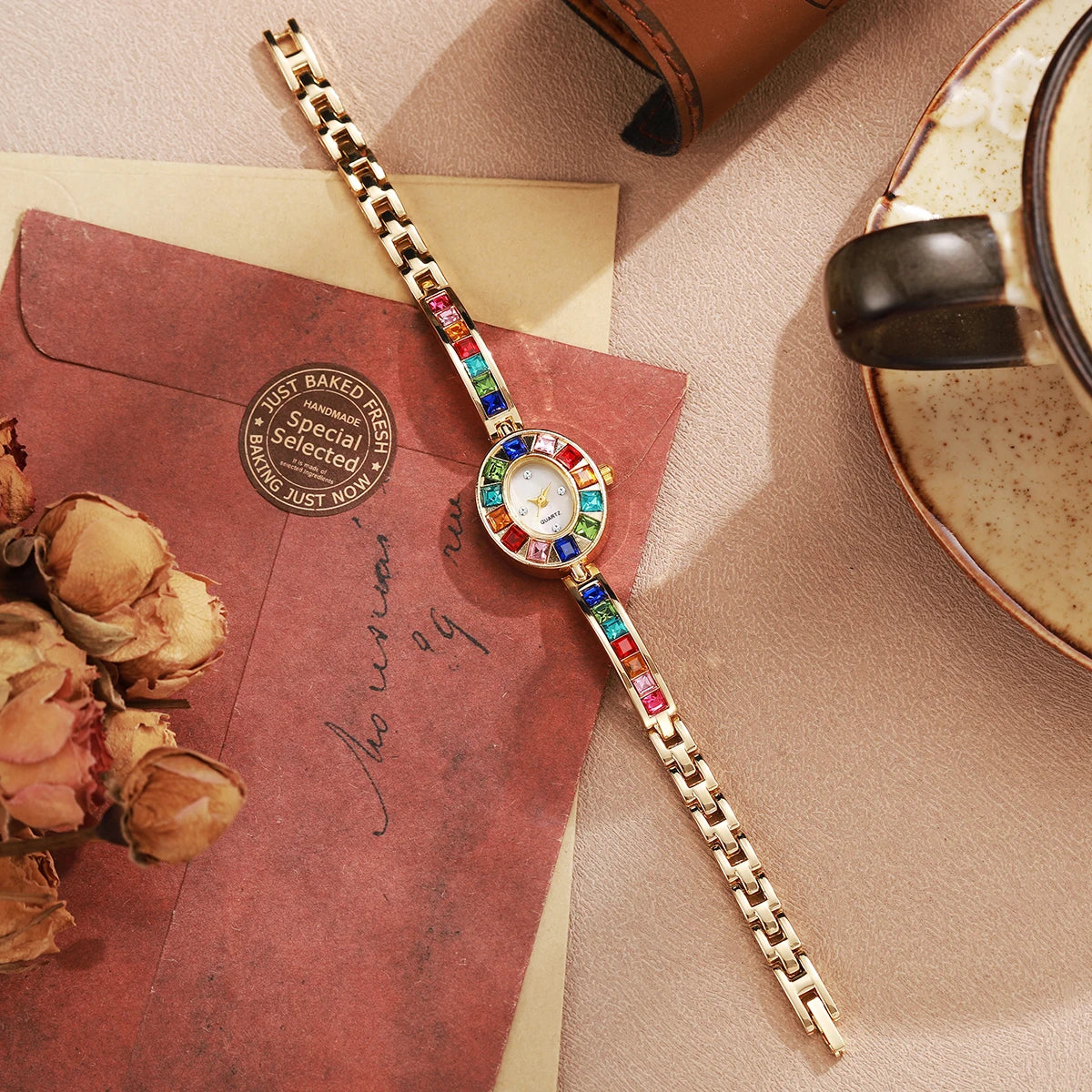 2PC Women's Retro Style Quartz Watch Elegant Ladies' Style Colorful Diamond Set Dial Trendy New Watch With Bracelet Holiday Gift