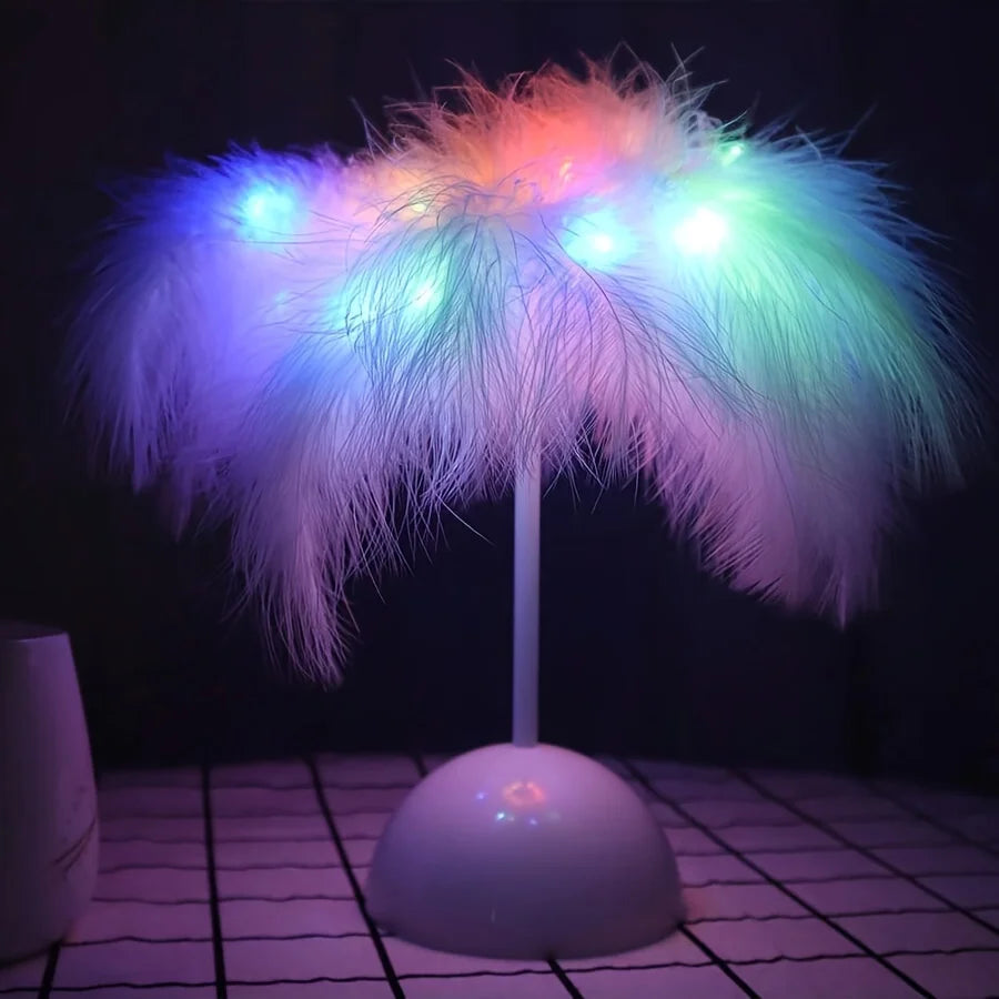 Creative Feather Table Lamp Warm White Light Tree Feather Lampshade LED Wedding Decorative Lights Birthday Gift Home Decor