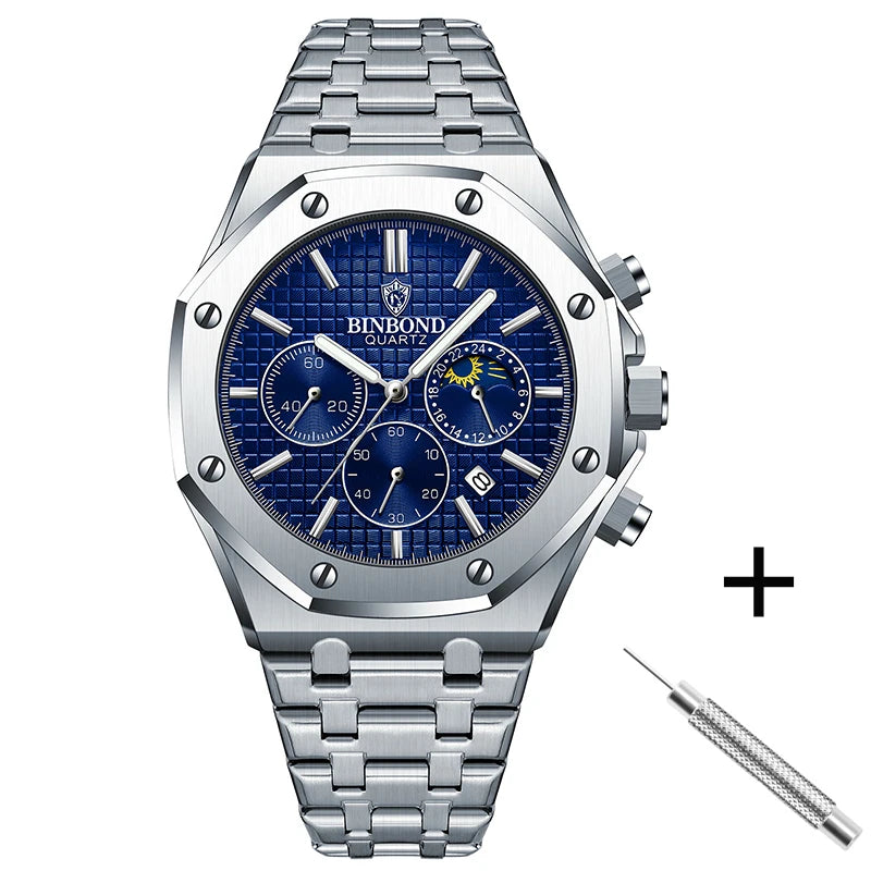 BINBOND B0161 Top box Brand Man Casual Quartz Watch Luxury Luminous Wristwatch Stainless Steel Waterproof Men Clock