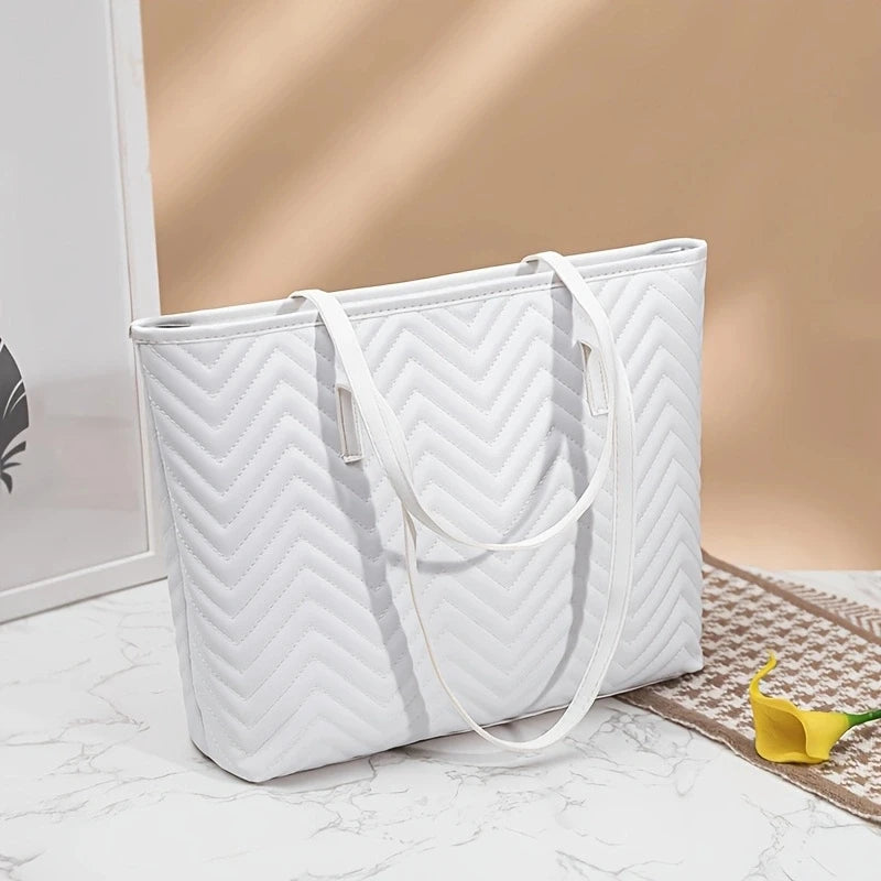 Classic large capacity ladies handbag, solid color business shoulder bag, minimalist wave embroidery crossbody purse