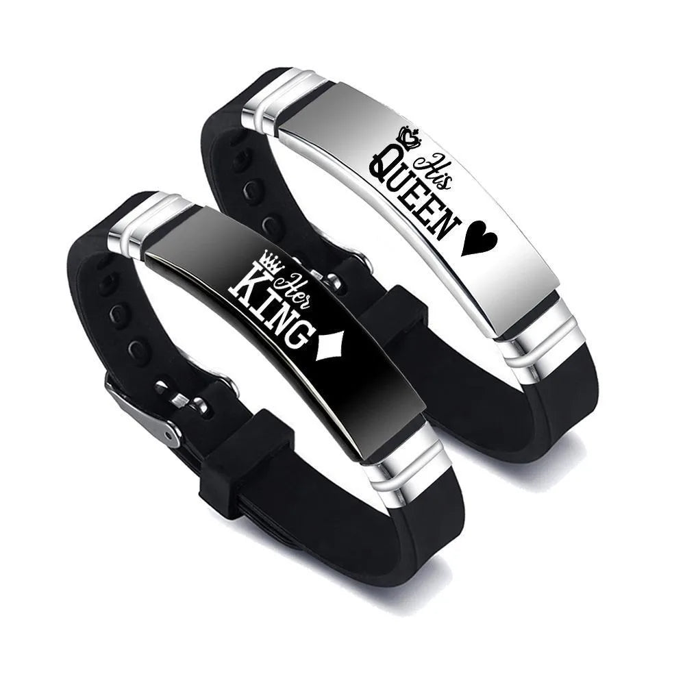 2Pcs/Set His Queen Her King Couple Bracelet Stainless Steel Adjustable Silicone Strap Bangle Valentine's Day Custom Jewelry Gift