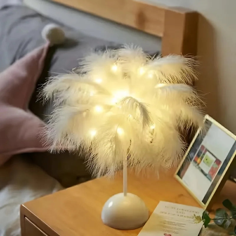 Creative Feather Table Lamp Warm White Light Tree Feather Lampshade LED Wedding Decorative Lights Birthday Gift Home Decor