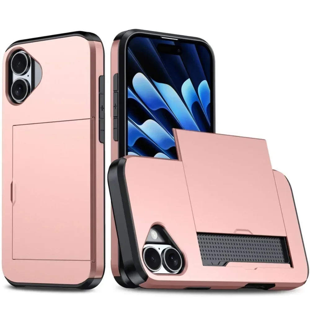 For iPhone 16 Pro Max Wallet Cover Credit Card Holder Slot Sliding Pocket Dual Layer Protective Phone Case