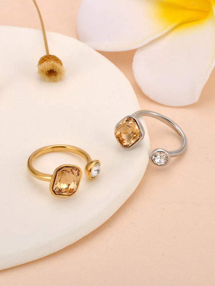 Stainless Steel Trendy Cubic Zirconia Open Adjustable Rings for Women 18K Gold Plated Waterproof Jewelry