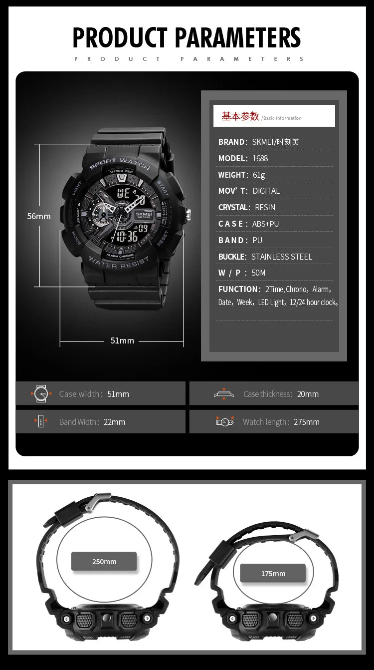 SKMEI Youth Sport Digital Watch Men Shockproof Waterproof Dual Wristwatches LED Chrono Alarm Clock Mens Watches Cool Hour vogue