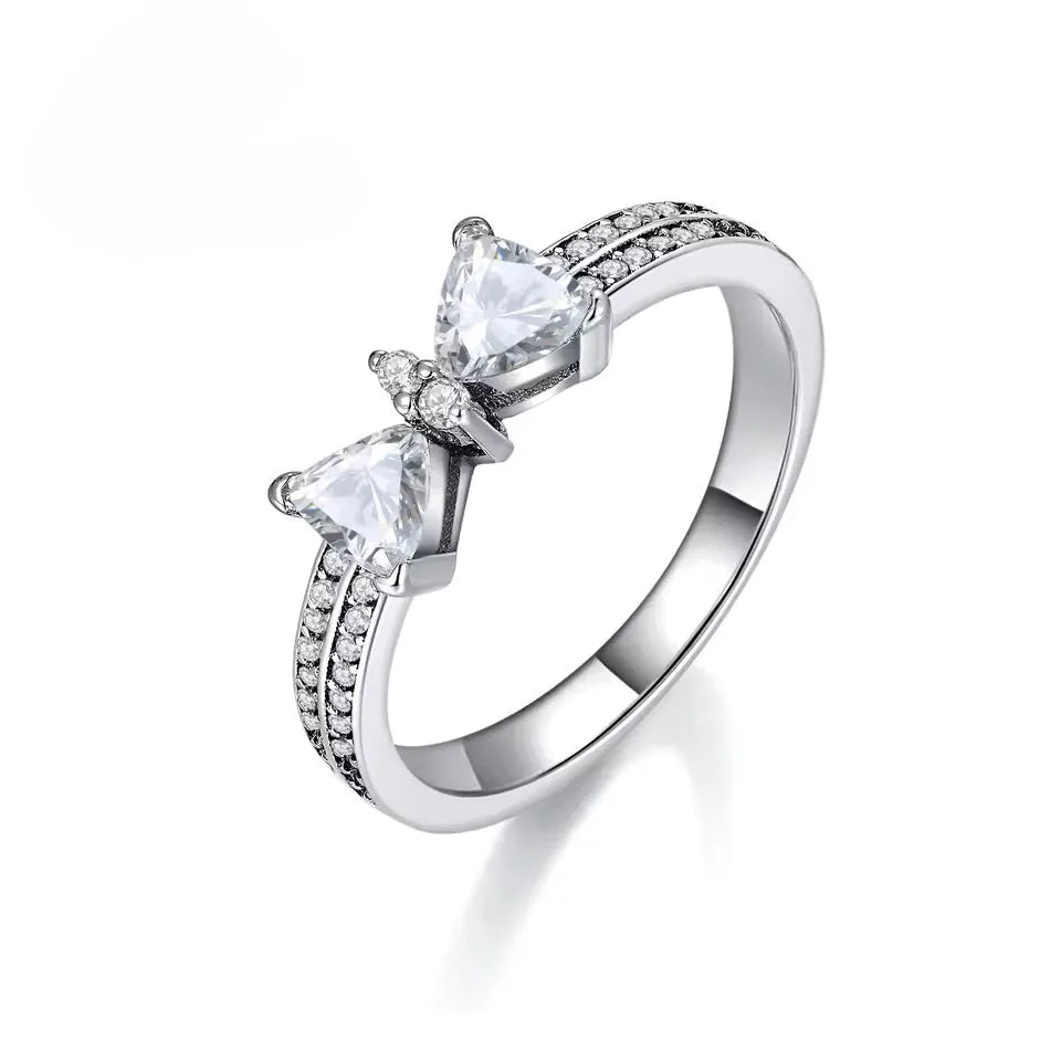 Sparkling 925 Sterling Silver Pink Bow Ring Timeless Pavé Red Heart Finger Rings for Women Wedding Crystal Ring Jewelry Gift