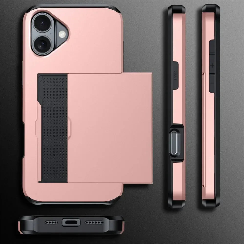 For iPhone 16 Pro Max Wallet Cover Credit Card Holder Slot Sliding Pocket Dual Layer Protective Phone Case
