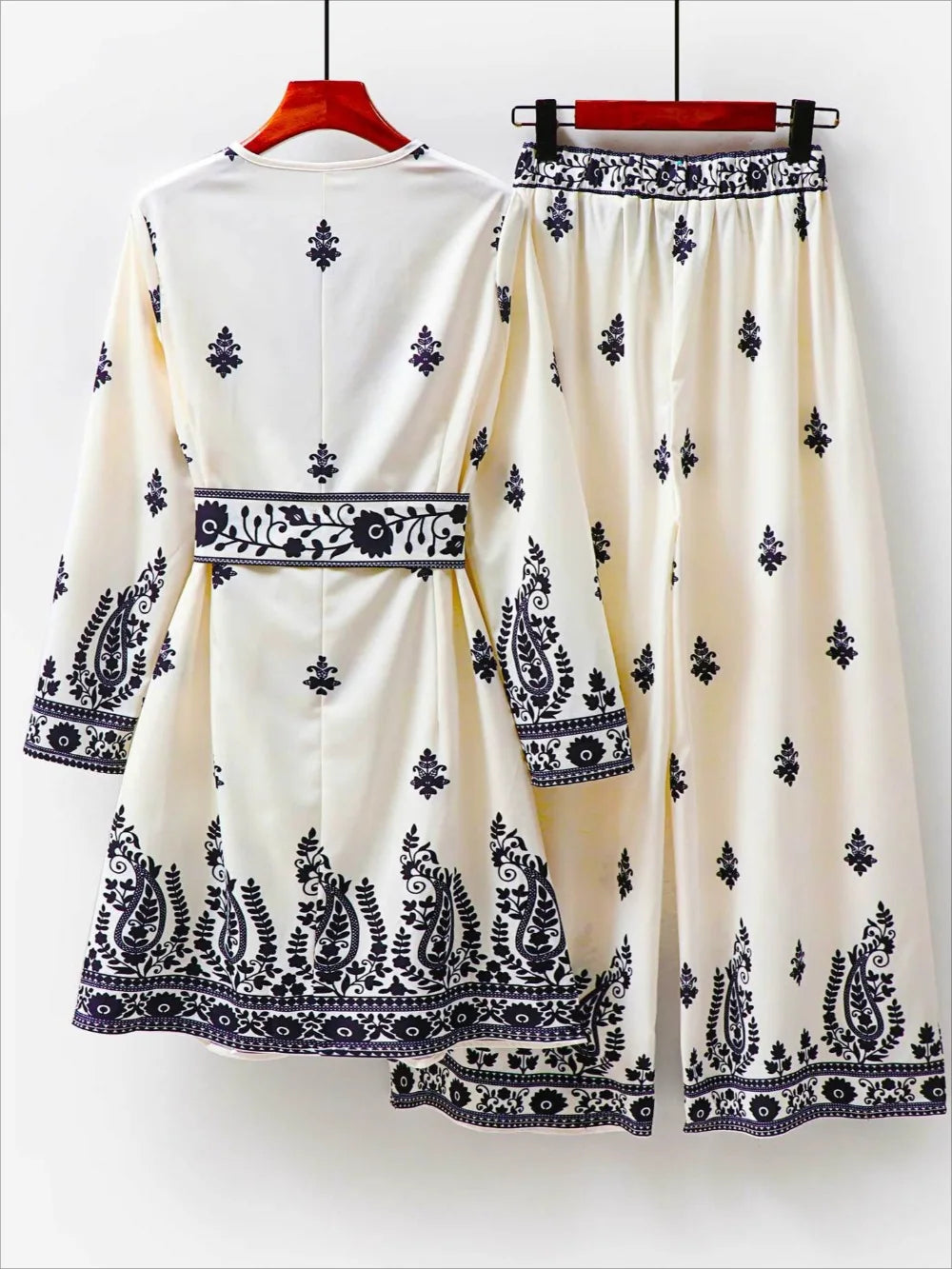 Muslim 2 Piece Set Women Print Blouse Dubai India Top Wide Leg Pants Suit Morocco Musulman Ensemble Casual Femme Arabic Outfits
