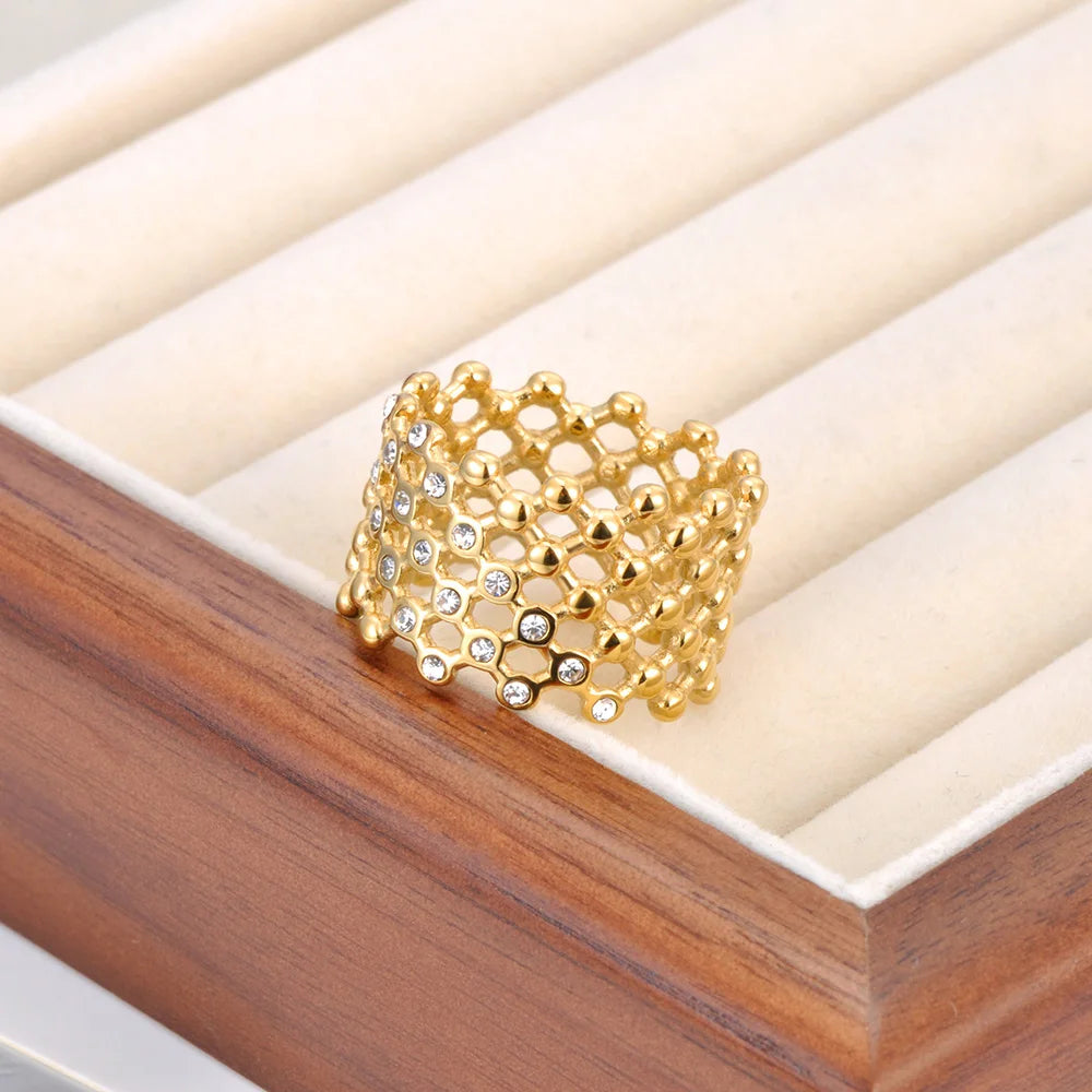 Lokaer Cubic Zircon CZ Stone Crystal Wide Ring Jewelry Women Stainless Steel Waterproof 18K Gold Plated Statement Rings R24002
