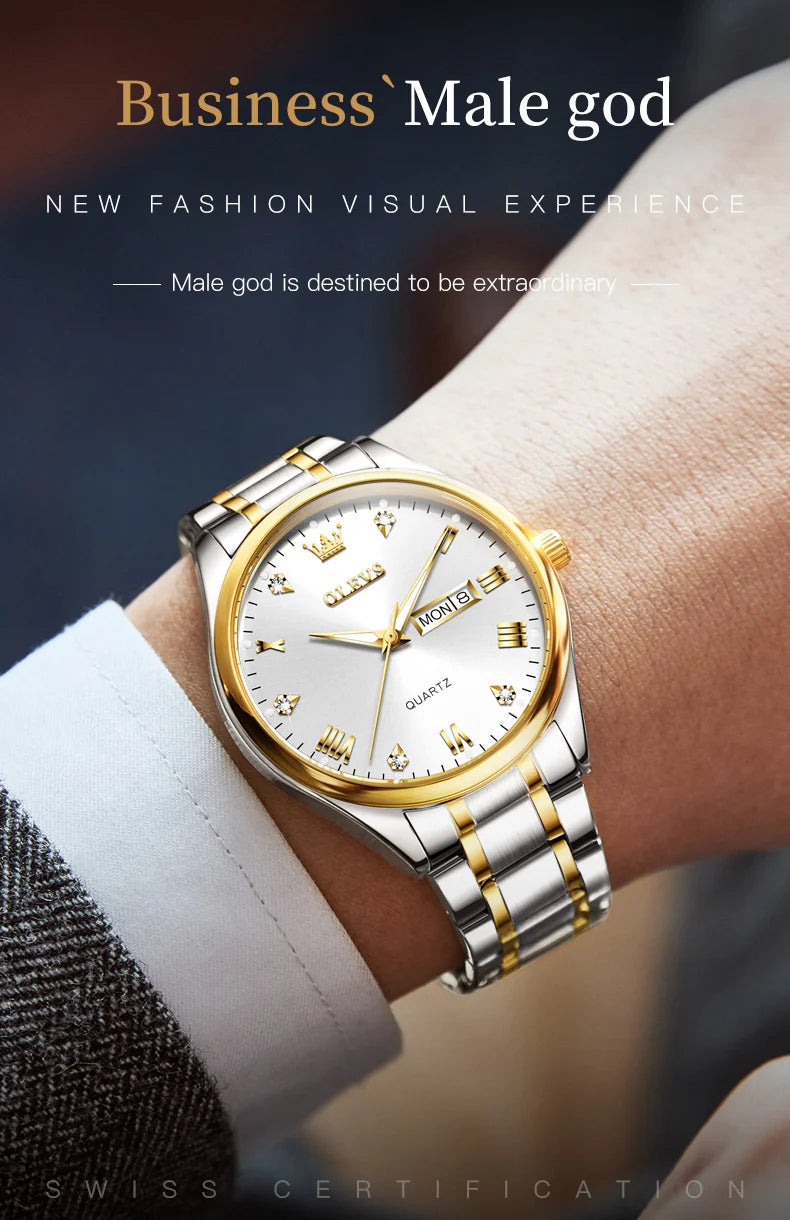 OLEVS Brand Men's Quartz Watch Stainless Steel Waterproof Luminous Fashion Strap Business Men's Quartz Wristwatch Gold Watch
