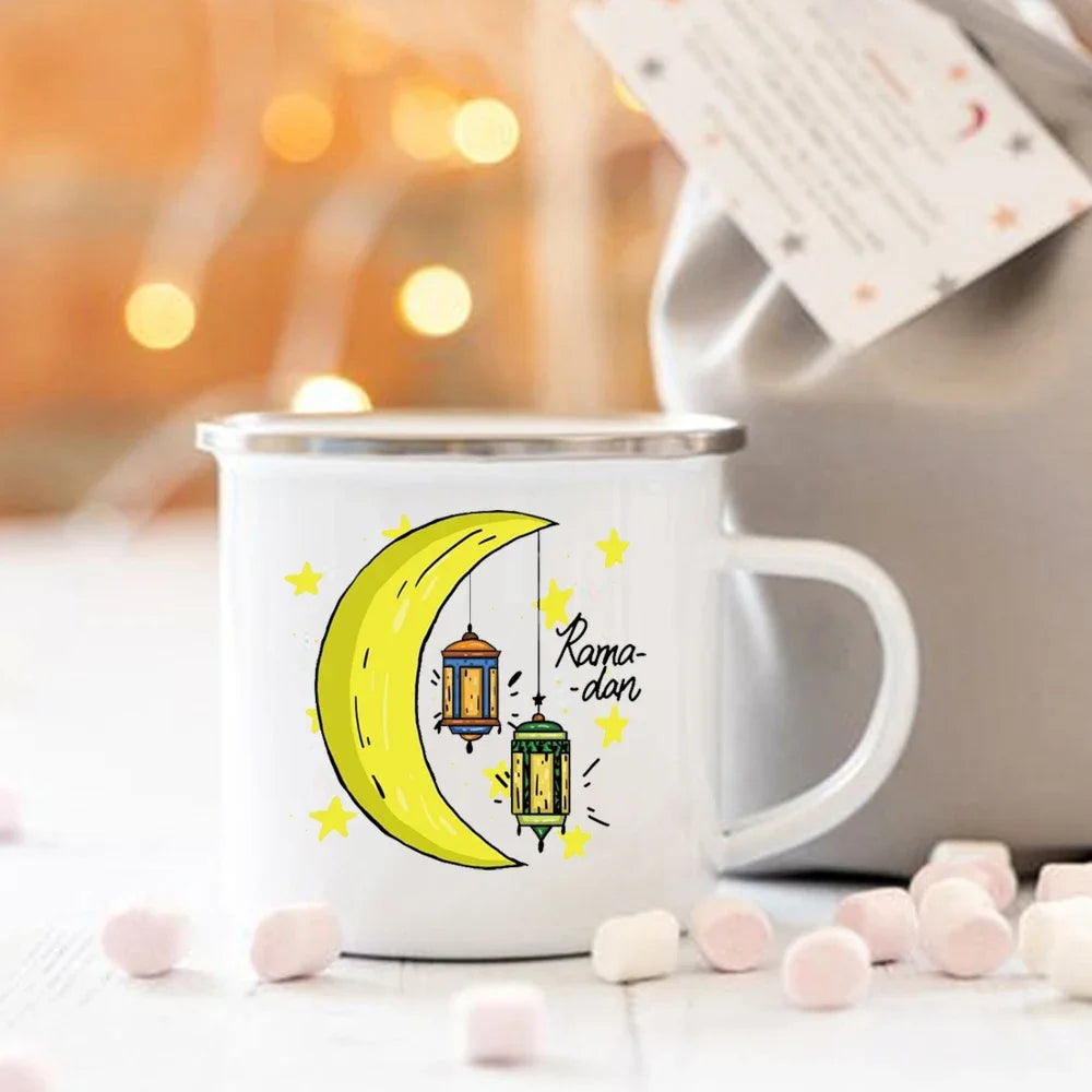 Eid Mubarak Moon Print Creative Coffee Cup Eid Ramadan Party Decor Drinks Wine Juice Cocoa Cups Islamic Muslim Enamel Mugs Gifts