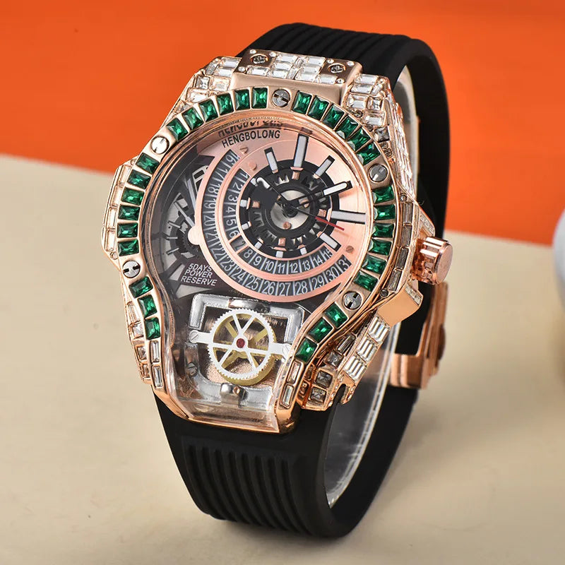 Hochwertige Iced Diamond Uhr Herren Grüner Diamant Hip Hop Stil Automatik Manuell Mechanisch Business Stil Quarzuhr