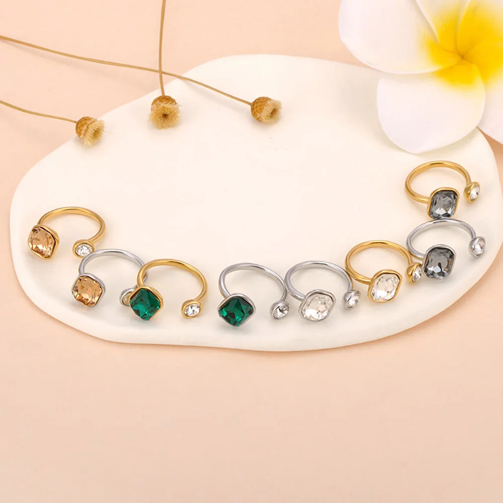 Stainless Steel Trendy Cubic Zirconia Open Adjustable Rings for Women 18K Gold Plated Waterproof Jewelry