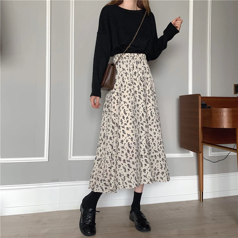 Vintage Floral Print A-line Pleated Long Skirts Summer Women Korean Skirt Streetwear Drawstring Elastic Waist Midi Skirt
