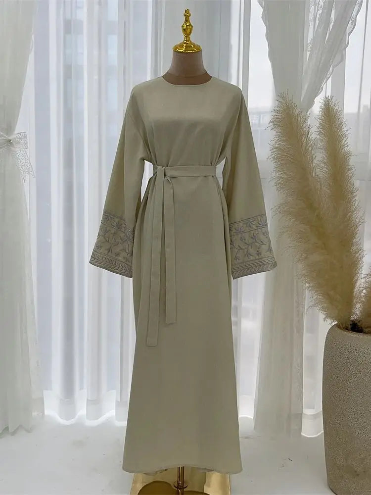 Linen Flower Embroidered Abaya Luxury Elegant Muslim Retro Kaftan Modest Dresses for Women Islam Clothing for Women Kebaya