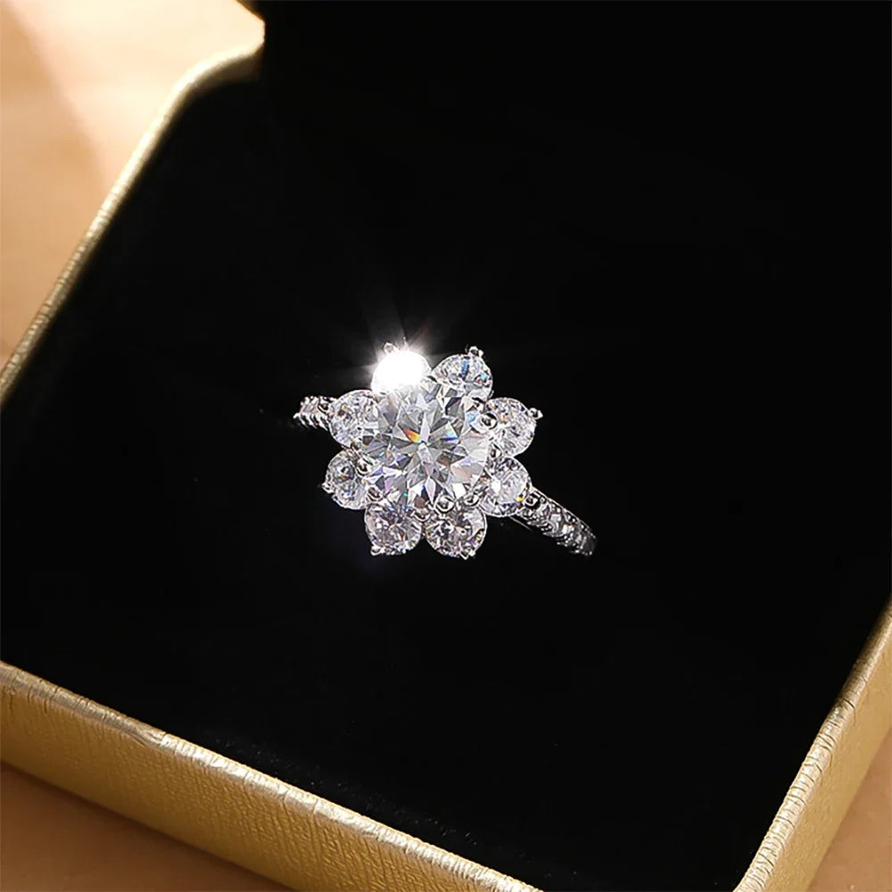 Moissanite Rings For Woman Sunflower Brilliant Diamond S925 Silver 18K Plated Wedding Jewelry Ring with Certificate