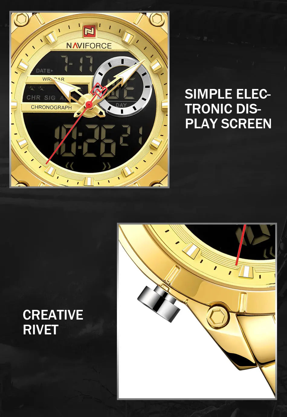 NAVIFORCE Top Luxury Quartz Wrist Watch For Men Business Steel Waterproof Sports Dual Display Military LED Digital Watches