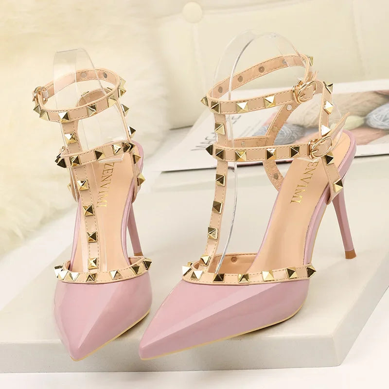 2025 Women's Shoes Rivets Sandals Female Summer Thick with Fine with High-heeled Shoes Pointed Stiletto Sexy Nightclub Shoes