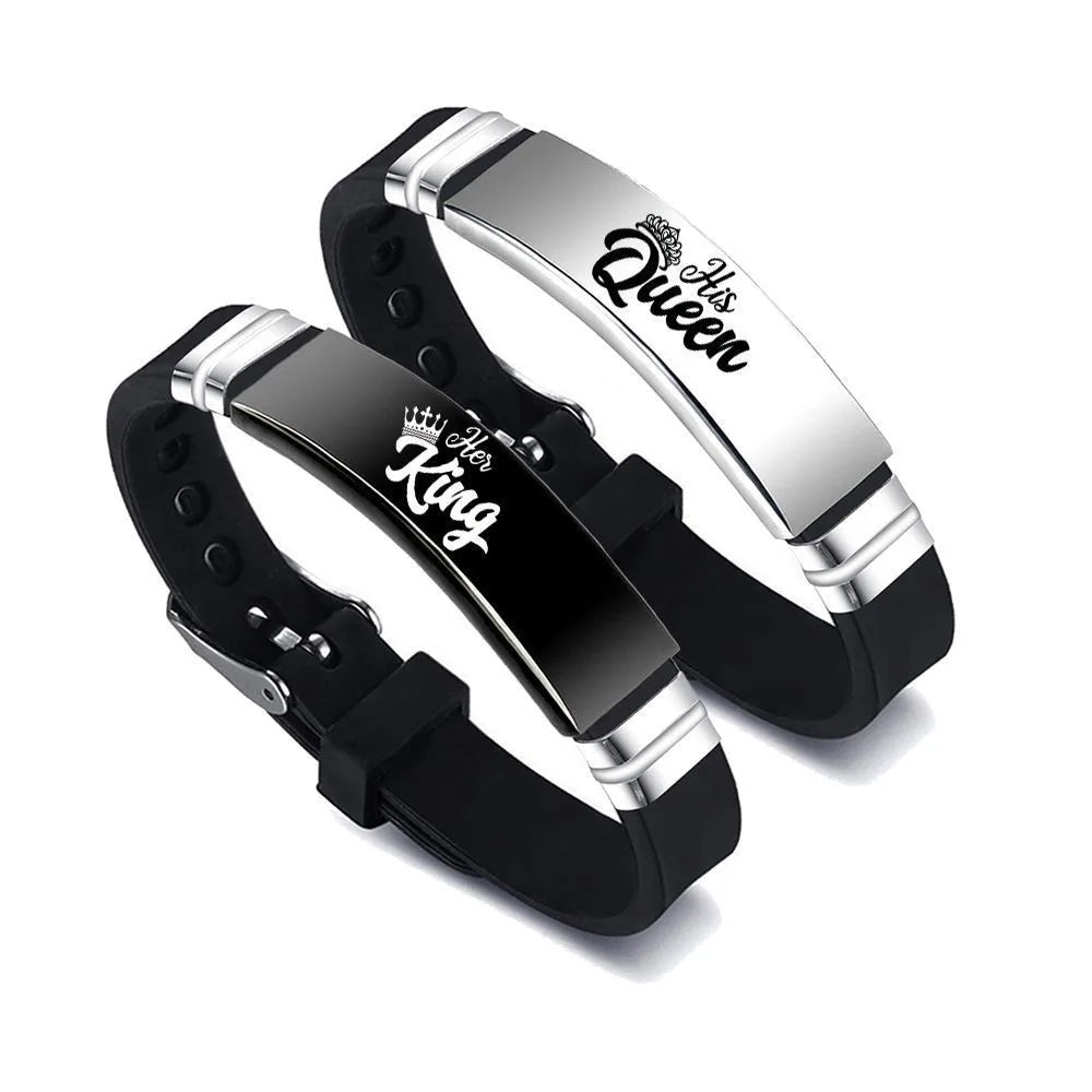 2Pcs/Set His Queen Her King Couple Bracelet Stainless Steel Adjustable Silicone Strap Bangle Valentine's Day Custom Jewelry Gift
