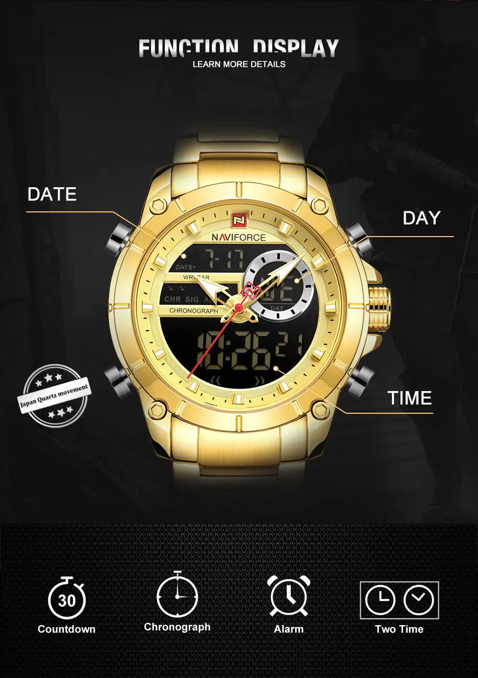 NAVIFORCE Top Luxury Quartz Wrist Watch For Men Business Steel Waterproof Sports Dual Display Military LED Digital Watches