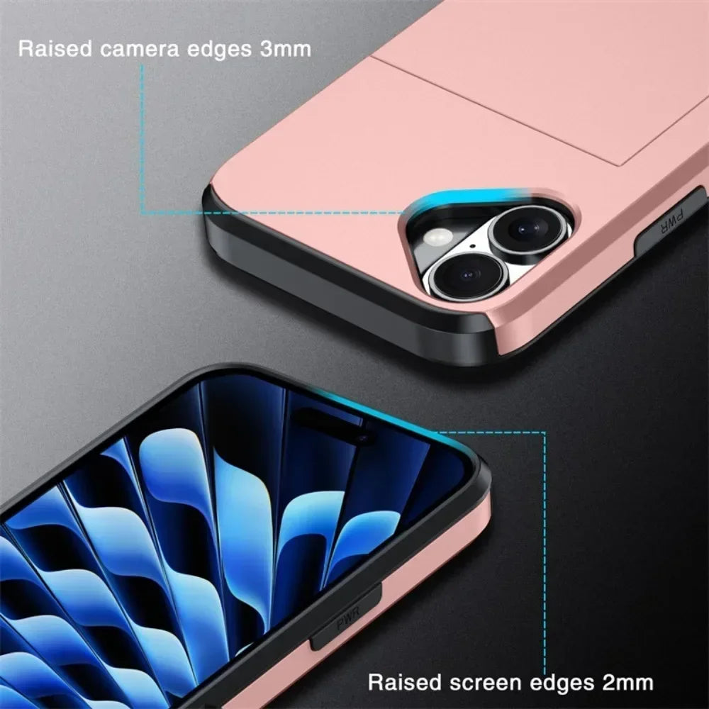 For iPhone 16 Pro Max Wallet Cover Credit Card Holder Slot Sliding Pocket Dual Layer Protective Phone Case